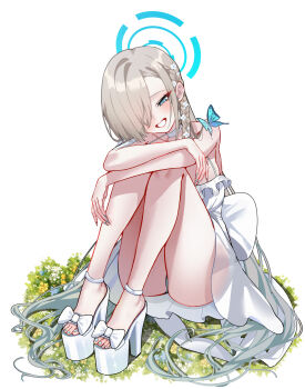 1girl absurdres ass asuna_(blue_archive) bare_shoulders blonde_hair blue_archive blue_eyes blue_halo braid bug butterfly choker commentary_request dress flower grin hair_flower hair_ornament hair_over_one_eye halo highres insect long_hair looking_at_viewer mango_(mango0208) platform_heels shoes side_braid sitting smile solo thighs very_long_hair white_dress white_shoes