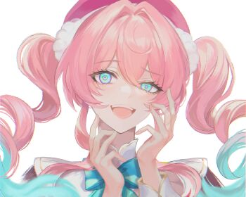 1girl @_@ absurdres animo_sss aqua_eyes aqua_hair aquila_(honkai:_star_rail) beret commentary_request dress drill_hair hair_between_eyes hands_up hat highres honkai:_star_rail honkai_(series) hyacine_(honkai:_star_rail) long_hair looking_at_viewer multicolored_hair open_mouth pink_hair red_dress red_hat simple_background smile solo teeth tongue twin_drills two-tone_hair upper_body upper_teeth_only white_background white_sleeves yellow_pupils