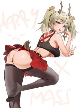 1girl :3 :d absurdres antlers ass bent_over black_choker black_shirt blonde_hair breasts burnice_white choker cleavage crop_top deer_tail feet grey_thighhighs highres holding holding_mistletoe horns kiritzugu large_breasts miniskirt mistletoe no_shoes open_mouth panties red_eyes red_nails red_panties red_skirt reindeer_antlers shirt skirt smile soles solo spiked_belt standing standing_on_one_leg tail thighhighs toes twintails underboob underwear v zenless_zone_zero