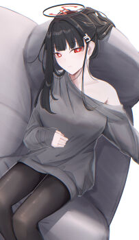 1girl absurdres black_hair black_pantyhose blue_archive blunt_bangs blush breasts commentary_request hair_ornament hairclip halo highres large_breasts leonardo_566 long_hair looking_at_viewer lying off_shoulder on_back pantyhose red_eyes ringed_eyes rio_(blue_archive) single_off_shoulder sleeves_past_wrists smile solo