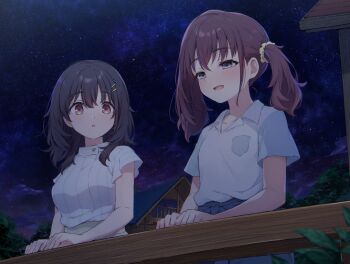 Rule 34 | 2girls, black hair, black sky, breast pocket, brown eyes, brown hair, choppy bangs, cohiyuri, collared shirt, commentary request, furutachi kurea, grey eyes, hair ornament, hair scrunchie, hairclip, hibi wa sugiredo meshi umashi, kawai mako, long hair, multiple girls, night, open mouth, outdoors, parallel hairclips, pocket, scrunchie, shirt, short sleeves, sky, standing, star (sky), starry sky, twintails, white shirt, wing collar, yellow scrunchie