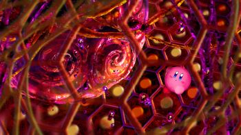 Rule 34 | blush stickers, colored skin, dripping, hashtag-only commentary, hexagon, highres, kirby, kirby (series), kirby star allies, looking at another, looking up, nintendo, no humans, pink skin, purple liquid, takuan830, void termina, void termina (first core)