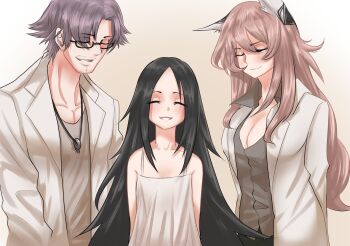 Rule 34 | 1boy, 2girls, animal ears, arms behind back, black-framed eyewear, black hair, cat ears, closed eyes, coat, collarbone, commentary, dress, english commentary, facial hair, facing viewer, fake animal ears, girls' frontline, glasses, gradient background, grey hair, grey shirt, grin, hair between eyes, highres, ingukoon, jewelry, lab coat, light blush, long hair, lunasia (girls' frontline), lycoris (girls' frontline), multiple girls, necklace, parted bangs, persica (girls' frontline), pink hair, shirt, sleeveless, sleeveless dress, smile, stubble, white background, white coat, white dress