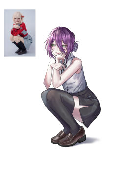 1girl absurdres bare_shoulders black_ribbon black_skirt black_thighhighs chainsaw_man closed_mouth dadakko elbow_rest full_body green_eyes hair_between_eyes hair_bun hand_on_own_chin hand_on_own_face hand_up hashtag-only_commentary head_rest highres knees_up loafers long_hair_between_eyes looking_to_the_side neck_ribbon photo-referenced reference_inset reze_(chainsaw_man) ribbon shirt shirt_tucked_in shoes side_slit single_hair_bun skirt sleeveless sleeveless_shirt smile solo squatting thighhighs