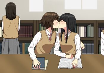 4girls absurdres black_hair book brown_hair brown_sweater closed_eyes collared_shirt commentary_request grey_skirt highres indoors kiss library long_hair multiple_girls necktie open_book original pleated_skirt red_necktie ryuusa school_uniform shirt short_hair sitting skirt sweater table white_shirt yuri