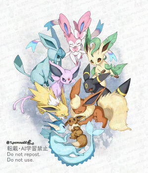 :d bright_pupils brown_eyes closed_eyes closed_mouth commentary_request eevee espeon evolutionary_line flareon gen_1_pokemon gen_2_pokemon gen_4_pokemon gen_6_pokemon glaceon jolteon leafeon nintendo no_humans open_mouth pokemon pokemon_(creature) pokemon_focus purple_eyes smile sylveon umbreon vaporeon watermark yamanashi_taiki