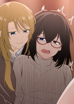 2girls absurdres blonde_hair blue_eyes brown_sweater closed_mouth commentary_request glasses heterochromia highres implied_fingering kamikoshi_sorawo melonpan134 multiple_girls nishina_toriko red-framed_eyewear red_eyes ribbed_sweater saliva saliva_trail smile sweater twitching urasekai_picnic yuri