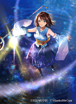 Rule 34 | bare shoulders, black boots, black bra, blue eyes, blue skirt, boots, bra, brown hair, commentary request, dancing, detached sleeves, final fantasy, final fantasy x, from above, green eyes, heterochromia, holding, holding staff, japanese clothes, long skirt, magic: the gathering, medium hair, murakami yuichi, nontraditional miko, obi, official art, parted lips, pleated skirt, sash, shirt, skirt, square enix, staff, standing, standing on liquid, underwear, white shirt, white sleeves, wide sleeves, yuna (ff10)