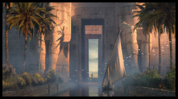 1other ancient_egyptian assassin's_creed:_origins assassin's_creed_(series) boat brick_wall bush cloak commentary doorway english_commentary flock highres outdoors painterly palm_leaf palm_tree raphael-lacoste reflection reflective_liquid river sandstone scenery signature statue sunlight tree watercraft white_cloak