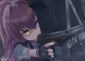 1girl ballistic_shield black_gloves blue_archive blue_eyes bulletproof_vest closed_mouth collared_shirt commentary crossed_bangs eyebrows_hidden_by_hair fighting_stance fingerless_gloves gloves gun hair_between_eyes handgun heterochromia holding holding_gun holding_weapon hoshino_(armed)_(blue_archive) hoshino_(blue_archive) jpeg_artifacts long_hair official_alternate_costume official_alternate_hairstyle pink_hair ponytail reymrd school_uniform serious shield shirt short_sleeves signature smoke solo split_mouth upper_body very_long_hair weapon white_shirt yellow_eyes