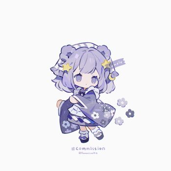 1girl animal_ears apron bear_ears bear_girl black_sandals blunt_bangs chibi chibi_only closed_mouth commission crescent crescent_hair_ornament full_body hair_ornament headscarf highres japanese_clothes kanae_(cookie) kimono long_sleeves original purple_eyes purple_hair purple_kimono sandals short_hair simple_background socks solo standing star_(symbol) star_hair_ornament twitter_username white_apron white_background white_headscarf white_socks wide_sleeves