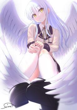 Rule 34 | 1girl, angel, angel beats!, angel wings, black shoes, black skirt, bloom, closed mouth, collared shirt, commentary, eyes visible through hair, feathered wings, foreshortening, from below, full body, hair between eyes, hand on own knee, head tilt, highres, jacket, kneehighs, knees up, loafers, long hair, long sleeves, looking at viewer, miniskirt, neck ribbon, panties, ribbon, school uniform, shirt, shoe soles, shoes, sidelocks, signature, simple background, sitting, skirt, smile, socks, solo, straight hair, suimei (ramebi3), tachibana kanade, underwear, white background, white hair, white panties, white shirt, white socks, white wings, wings, yellow eyes, yellow jacket, yellow ribbon
