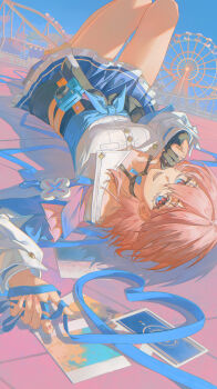 1girl absurdres ankle_boots archery_shooting_glove black_boots black_choker black_gloves black_overskirt blue_eyes blue_jacket blue_ribbon blue_skirt boots bra_strap breasts buttons camera choker ferris_wheel flower_ornament fold-over_boots gloves highres honkai:_star_rail honkai_(series) jacket legs_up long_sleeves looking_at_viewer lying march_7th_(honkai:_star_rail) march_7th_(preservation)_(honkai:_star_rail) medium_breasts medium_hair miniskirt multicolored_eyes multicolored_jacket on_back open_mouth overskirt partially_fingerless_gloves pink_eyes pink_hair pink_jacket pink_pupils ribbon roller_coaster shirt single_glove skirt solo teeth tian_nima tied_jacket two-tone_eyes two-tone_jacket underbust white_shirt