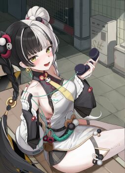 1girl absurdres aqua_nails bare_shoulders black_hair braid braided_twintails breasts china_dress chinese_clothes collarbone commentary_request corded_phone cowboy_shot detached_sleeves dialyn_(zenless_zone_zero) double_bun dress from_side green_eyes hair_bun hair_extensions hair_intakes hair_ornament highres holding holding_phone long_hair looking_at_viewer medium_breasts multicolored_hair multicolored_nails necktie outdoors panda_hair_ornament personality2407 phone red_nails ring_hair_extensions sitting solo sparkling_eyes split-color_hair thighhighs white_dress white_hair white_thighhighs yellow_necktie zenless_zone_zero