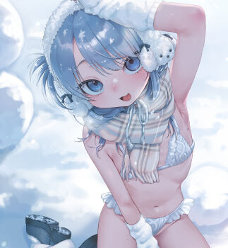 1girl absurdres arm_warmers bikini blue_eyes blue_hair breasts dancho_(dancyo) earmuffs highres loli long_hair original outdoors petite plaid_clothes plaid_scarf ribbed_bikini scarf sitting small_breasts smile snow solo swimsuit white_bikini yokozuwari