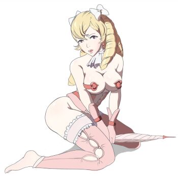1girl barefoot blonde_hair blue_eyes blush bottomless bow breasts breasts_out corset drill_hair drill_sidelocks earrings fire_emblem fire_emblem_awakening functionally_nude garter_belt gloves hair_bow jewelry kneeling large_breasts lingerie looking_at_viewer maribelle_(fire_emblem) nintendo nude parasol pasties sidelocks simple_background solo sunbeam_(artist) thighhighs umbrella underwear