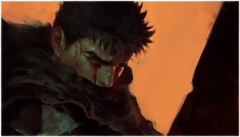 1boy absurdres armor berserk berserker_armor black_armor black_cape black_hair bleeding blood border cape commentary dragonslayer_(sword) glaring guts_(berserk) highres looking_at_viewer looking_to_the_side male_focus orange_background portrait scar scar_on_face scar_on_nose short_hair simple_background solo white_border whitehogiii