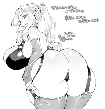1girl agawa_ryou artist_name ass back bare_shoulders bra breasts commentary cowboy_shot dated english_commentary eyeliner forehead garter_belt hand_on_own_ass large_breasts lips long_hair looking_at_viewer looking_back makeup monochrome nose open_mouth original ponytail simple_background skindentation solo thighhighs translation_request underwear white_background