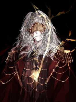 1boy black_background chinese_commentary coat commentary_request covered_eyes crown epaulettes highres la_manchaland's_don_quixote_(project_moon) limbus_company long_hair male_focus project_moon red_coat rostina_rt smile solo standing upper_body wavy_hair white_hair