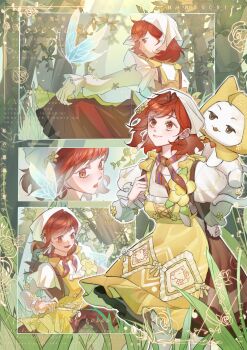 Rule 34 | 1girl, absurdres, ahoge, animal, animal on shoulder, apron, blue butterfly, bow, bow apron, bowtie, brooch, brown dress, brown eyes, bug, butterfly, cat, cat on shoulder, chicken print, chinese commentary, cloak, closed mouth, clothed animal, commentary request, commission, country lolita, dancing, day, dress, ear covers, eyelashes, floral print, flower, flower brooch, forest, frilled apron, frilled sleeves, frills, grass, hair flower, hair ornament, hand on own hip, happy, headscarf, highres, hood, hood up, hooded cloak, infinity nikki, insect, jewelry, layered sleeves, lipstick, lolita fashion, long sleeves, looking ahead, loose hair strand, makeup, medium dress, medium hair, momo (nikki), multiple views, nature, nikki (series), orange scarf, outdoors, pinafore dress, pink lips, print apron, print scarf, puffy long sleeves, puffy sleeves, red bow, red bowtie, red hair, sample watermark, scarf, shirt, short over long sleeves, short sleeves, shoulder bow, skirt hold, sleeveless, sleeveless dress, smile, stardew valley, stardew valley encounter (infinity nikki), striped clothes, striped scarf, tall grass, traditional bowtie, watermark, white bow, white cat, white headscarf, white shirt, yellow apron, yellow bow, yellow cloak, yellow flower, zhushang