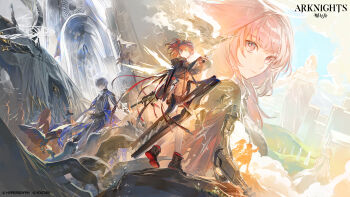 1other 2boys 2girls absurdres andoain_(arknights) arknights armor bird black_jacket black_shoes blue_sky book keph_(teekaz)_(arknights) cloud colored_shoe_soles commentary copyright_logo copyright_notice detached_wings elite_shrine_marksman_(arknights) energy_wings english_commentary exusiai_(arknights) exusiai_the_new_covenant_(arknights) eyes_of_the_sankta_(arknights) fingerless_gloves flippers_of_the_sankta_(arknights) gatling_gun gloves gongzuotianxiadiyi grey_hair gun halo helmet highres hill holding holding_book holding_gun holding_weapon incredibly_absurdres jacket keph_(arknights) kriss_vector lemuen_(arknights) logo minigun monster multiple_boys multiple_girls object_head official_art pink_eyes pink_hair red_hair sankta_miksaparato_(arknights) seal_(animal) security_camera shirt shoes shorts sky statue submachine_gun thighhighs weapon white_hair white_shirt white_thighhighs wings yellow_eyes