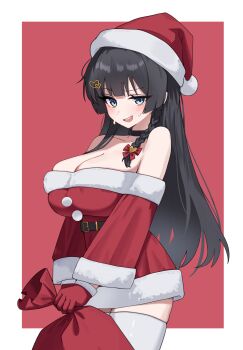 1girl absurdres bare_shoulders belt black_belt black_choker black_hair blue_eyes blunt_ends blush border braid breasts choker christmas cleavage collarbone commentary_request dress fur-trimmed_dress fur_trim furrowed_brow gloves hair_ornament hat heart heart_hair_ornament highres holding holding_sack korean_commentary large_breasts long_hair long_sleeves looking_at_viewer off-shoulder_dress off_shoulder open_mouth red_background red_dress red_gloves red_hat sack santa_costume santa_dress santa_hat shirayuki_hina sidelocks solo standing stellive sweat sweatdrop tay_(cdjk7758) teeth thighhighs thighs upper_teeth_only v_arms very_long_hair virtual_youtuber white_border white_thighhighs wide_sleeves