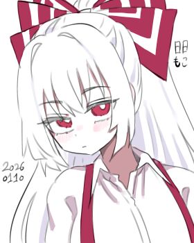 1girl absurdres bow bright_pupils collared_shirt commentary_request dated dated_commentary fujiwara_no_mokou hair_bow highres long_hair neophyte portrait red_eyes shirt solo suspenders touhou white_hair white_pupils