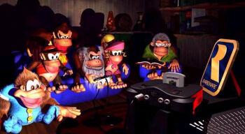 1990s_(style) ape cranky_kong diddy_kong dixie_kong donkey_kong donkey_kong_(series) donkey_kong_country donkey_kong_country_3 family game_console kiddy_kong monkey nintendo nintendo_64 official_art playing_games retro_artstyle video_game wrinkly_kong