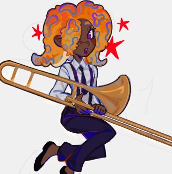 Rule 34 | 1girl, birdbl00d, black necktie, black pants, black shoes, collared shirt, dark-skinned female, dark skin, hair over one eye, highres, holding, holding instrument, holding trombone, instrument, long sleeves, necktie, nintendo, orange hair, pants, parted lips, patterned hair, shirt, shoes, solo, splatoon (series), splatoon 3, star (symbol), tao blu, tentacle hair, trombone, white shirt