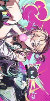 1girl absurdres black_nails black_skirt blowing_bubble_gum braid braided_bangs breasts chewing_gum cleavage earrings graffiti hair_ornament hashtag-only_commentary headphones headphones_around_neck highres jewelry kago_(wall_io) lying lynae_(wuthering_waves) mole mole_on_breast multiple_rings on_stomach pink_background ring skirt skull_hair_ornament solo star_(symbol) star_earrings wuthering_waves
