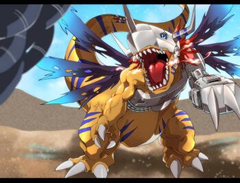 Rule 34 | amakawa mayu, blue eyes, blue wings, claws, cyborg, desert, digimon, digimon (creature), digimon adventure, dinosaur, etemon, helmet, mechanical arms, metalgreymon, multiple wings, open mouth, orange scales, red hair, short hair, single mechanical arm, solo focus, spiked hair, standing, torn wings, v-shaped eyebrows, wings