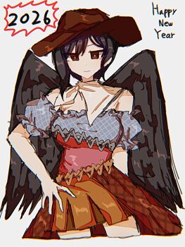 Rule 34 | 1girl, 2026, bare shoulders, black hair, black wings, blue shirt, breasts, brown eyes, brown skirt, closed mouth, cowboy hat, grey background, hand on own hip, happy new year, hat, kurokoma saki, light smile, looking at viewer, medium breasts, neckerchief, new year, off-shoulder shirt, off shoulder, owatakun, plaid clothes, plaid shirt, shirt, single sidelock, skirt, solo, touhou, wings