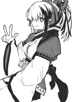 Rule 34 | 111nnmi111, 1girl, commentary request, grin, hair ornament, highres, japanese clothes, karukaya gekka, long sleeves, monochrome, multicolored hair, nue no onmyouji, ponytail, ribbon, smile, solo, streaked hair, symbol-shaped pupils, two-tone hair, v, wide sleeves