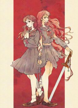 1girl black_sailor_collar black_serafuku black_shirt commentary expressionless highres holding holding_sword holding_weapon juuni_kokuki loafers long_hair long_sleeves looking_at_viewer nakajima_youko neckerchief pleated_skirt red_hair red_neckerchief sailor_collar school_uniform serafuku shirt shoes skirt sword tamagodamaco torn_clothes torn_shirt torn_skirt torn_sleeves weapon