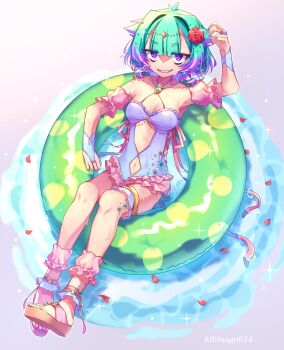 1girl absurdres alternate_costume anklet antenna_hair bare_legs bare_shoulders bow breasts chain clothing_cutout collarbone colored_tips cross-laced_clothes cross-laced_one-piece_swimsuit detached_sleeves diamond_cutout earrings fate/grand_order fate_(series) fingerless_gloves flower frilled_anklet frilled_one-piece_swimsuit frilled_sleeves frills from_above full_body gloves gold_chain gold_necklace gold_ring gradient_hair gradient_one-piece_swimsuit green_hair hair_between_eyes hair_bow hair_ears hair_flaps hair_flower hair_ornament hand_up head_chain highres innertube jewelry jitome kibinago_(kibinago614) legband locusta_(fate) looking_at_viewer low_neckline low_twintails lying lying_on_water multicolored_hair nail_polish navel navel_cutout necklace on_back on_innertube one-piece_swimsuit petals pink_frills pink_nails pink_ribbon pink_sleeves puffy_detached_sleeves puffy_short_sleeves puffy_sleeves purple_bow purple_eyes purple_gloves purple_hair purple_one-piece_swimsuit red_flower red_rose ribbon rose rose_petals sandals sharp_teeth short_hair short_sleeves short_twintails small_breasts smile smug solo sparkle stomach_cutout swim_ring swimsuit teeth thighlet twintails two-tone_hair variant_set water wet