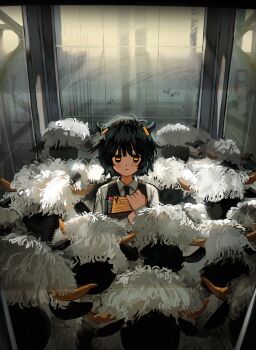 1other absurdres androgynous animal_ears black_hair black_necktie black_sclera black_sweater_vest closed_mouth collared_shirt colored_sclera crowded dot_nose elevator expressionless hands_up highres holding holding_paper horizontal_pupils horns indoors long_sleeves myango_(applemangocrape) necktie odd_one_out original paper sheep shirt solo sweater_vest too_many too_many_sheep vignetting white_shirt yellow_pupils