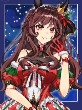 1girl alternate_costume alternate_hairstyle animal_ears asahina_(asahina_0428) bare_shoulders blush bow braid breasts brown_hair collarbone commentary_request crown dress ear_covers ear_ornament ear_through_crown gem gentildonna_(umamusume) gloves hair_between_eyes hair_ornament heart heart-shaped_gem highres holly_hair_ornament horse_ears horse_girl large_breasts long_hair looking_at_viewer parted_lips pink_gem red_bow red_dress red_eyes red_gloves smile solo teeth umamusume