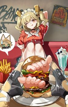 2girls absurdres bare_legs barefoot blonde_hair blush breasts burger burnice_white burnice_white_(operation_yum_2025) collarbone collared_shirt crop_top feet feet_burger_(meme) feet_in_food fingerless_gloves food french_fries full_body furry furry_female gloves hair_ornament highres indoors knees_up licking_lips long_hair looking_at_viewer maid_headdress medium_breasts meme milkshake miniskirt multiple_girls one_eye_closed orange_eyes plate pov ppangchil pulchra_fellini red_shirt revision shadow shirt short_sleeves skirt solo_focus toenails toes tongue tongue_out twintails waitress yuri zenless_zone_zero