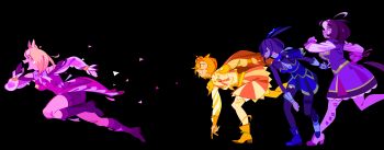 20years 4girls absurdres admire_vega_(starry_nocturne)_(umamusume) admire_vega_(umamusume) ahoge animal_ears armor bare_shoulders black_background blonde_hair boots bracelet breasts brown_hair closed_eyes crown dress from_side full_body gloves gold_armor gold_bracelet hair_between_eyes highres horse_ears horse_girl horse_tail jewelry knee_boots large_breasts long_sleeves looking_at_another medium_breasts meisho_doto_(turbulent_blue)_(umamusume) meisho_doto_(umamusume) mini_crown multicolored_hair multiple_girls narita_top_road_(the_proud_road)_(umamusume) narita_top_road_(umamusume) official_alternate_costume open_mouth orange_hair purple_boots purple_dress purple_shorts running shorts simple_background single_glove smile sweat t.m._opera_o_(o_sole_suo!)_(umamusume) t.m._opera_o_(umamusume) tail two-tone_hair umamusume umamusume:_road_to_the_top