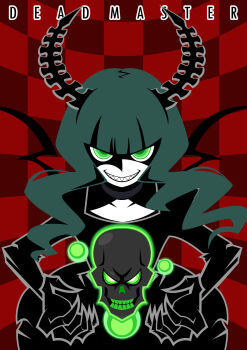 Rule 34 | 1girl, absurdres, black dress, black horns, black rock shooter, character name, dead master, dress, evil smile, floating skull, green eyes, green hair, highres, horns, kurono, medium hair, pale skin, sharp teeth, skeletal hand, skeletal wings, skull, smile, teeth, wings
