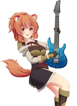 1girl :d absurdres animal_ear_fluff animal_ears arm_cuffs armor armored_boots armored_gloves belt black_dress blunt_bangs boots breastplate breasts brown_belt brown_boots brown_gloves collared_dress commentary dress elbow_gloves electric_guitar english_commentary eyelashes fiona28 floating folded_hair gloves gold_wrist_cuffs guitar hands_up high_collar highres holding holding_guitar holding_instrument instrument knee_boots layered_dress leather_armor long_sleeves looking_at_viewer medium_breasts medium_hair metal_arm_cuffs neck_ribbon open_mouth orange_hair pauldrons pinstripe_dress pinstripe_pattern raccoon_ears raccoon_girl raccoon_tail raphtalia red_dress red_eyes red_ribbon ribbon short_dress shoulder_armor simple_background single_pauldron sitting sleeveless sleeveless_dress smile solo tail tate_no_yuusha_no_nariagari tongue two-tone_dress white_background white_dress