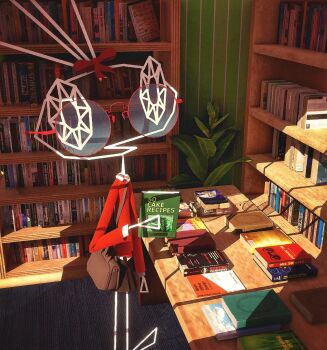 1girl 3d animal_ears bag black_skirt book bookshelf bow commentary english_commentary glasses highres holding holding_book indoors library p.carredo plant potted_plant rabbit_ears red-framed_eyewear red_bow round_eyewear skirt solo stick_figure table vib-ribbon vibri_(vib-ribbon) window_shadow wireframe