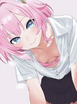 1girl absurdres alternate_costume black_skirt bra breasts commentary_request cyrene_(aedes_elysiae)_(honkai:_star_rail) cyrene_(honkai:_star_rail) highres honkai:_star_rail honkai_(series) looking_at_viewer multicolored_hair neinlol pink_bra pink_hair shirt short_hair skirt small_breasts smile solo two-tone_hair underwear white_hair white_shirt