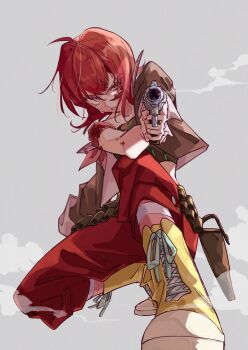 Rule 34 | 1girl, absurdres, aiming, aiming at viewer, boots, brown jacket, crop top, cropped jacket, firing, grey background, gun, highres, holding, holding gun, holding weapon, iria animi, jacket, kneeling, pants, red eyes, red hair, red pants, shirt, short hair, smoking, socks, solo, striped clothes, striped shirt, striped socks, tales of (series), tales of innocence, weapon, yellow boots, youme xz