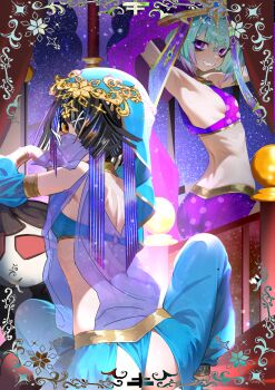 2girls absurdres ass black_hair breasts character_doll dancer doll fate/grand_order fate_(series) from_behind green_hair hair_over_one_eye highres kitsunebi44410 locusta_(fate) looking_at_viewer mouth_veil multiple_girls orange_eyes purple_eyes short_hair small_breasts smile squatting veil xu_fu_(fate) yu_mei-ren_(fate)