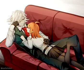 1boy 1girl absurdres ahoge belt black_belt black_gloves black_pants black_pantyhose black_skirt blush chaldea_uniform clenched_hand collared_shirt commentary_request couch edmond_dantes_(fate) fate/grand_order fate_(series) fujimaru_ritsuka_(female) gloves green_vest hair_over_one_eye half_gloves hand_on_another's_chest hetero highres leg_up long_sleeves looking_at_another lying lying_on_person necktie no_headwear no_shoes on_back on_stomach orange_eyes orange_hair pants pantyhose red_necktie shirt skirt twitter_username umihotasan vest white_hair white_shirt