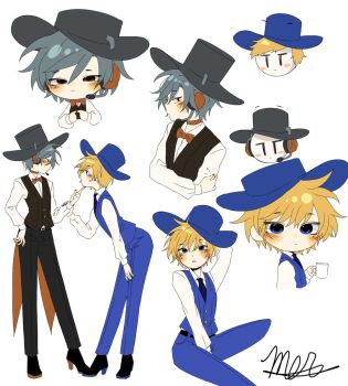 2boys :| animification ankle_boots artist_name bad_id bad_twitter_id belt bishounen black_belt black_boots black_hat black_pants black_vest blonde_hair blue_eyes blue_hat blue_necktie blue_pants blue_vest blush boots bow bowtie brown_bow brown_bowtie brown_choker brown_eyes burt_curtis chibi chibi_inset choker closed_mouth collared_shirt colored_shoe_soles commentary_request cropped_legs cropped_torso cup dot_nose double-parted_bangs eye_contact from_side full_body grey_hair hair_between_eyes half-closed_eyes hand_on_another's_chin hand_on_another's_wrist hand_on_own_arm hand_on_own_hip hat headphones headset henry_stickmin_(series) high_heel_boots high_heels highres holding holding_cup inactive_account index_finger_raised index_fingers_together jitome korean_commentary legs_apart long_sleeves looking_at_another looking_at_viewer male_focus mer_(mer_246800) multiple_boys necktie pants profile shirt short_hair simple_background standing sven_svensson sweatdrop tareme top_hat traditional_bowtie very_short_hair vest white_background white_shirt |_|