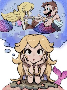 1boy 1girl bikini bikini_top_only blonde_hair bracelet brown_hair closed_mouth commentary earrings eye_contact facial_hair gold_bracelet highres imagining jewelry lips long_hair looking_at_another mari_luijiroh mario mario_(series) mermaid mermaid_peach merman monster_boy monster_girl monsterification mustache nintendo pearl_earrings princess_peach princess_peach:_showtime! short_hair speech_bubble swimsuit symbol-only_commentary thought_bubble toga underwater