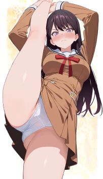 1girl absurdres bang_dream! bang_dream!_it's_mygo!!!!! black_hair blush breasts brown_dress closed_mouth commentary_request dress hanasakigawa_school_uniform highres large_breasts long_hair looking_at_viewer mole mole_under_eye neck_ribbon nose_blush paid_reward_available panties purple_eyes raiden_(kdsn3783) red_ribbon ribbon school_uniform shiina_taki solo split standing standing_on_one_leg standing_split thighs underwear v-shaped_eyebrows white_panties