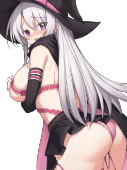 1girl absurdres arm_under_breasts ass ayachi_nene back bare_shoulders belt belt_bra black_cape black_hat black_skirt blush breasts cape commentary_request cowboy_shot detached_sleeves dutch_angle embarrassed eyes_visible_through_hair from_behind furrowed_brow ghost_villager grey_hair hair_between_eyes hat hat_ribbon highres implied_masturbation large_breasts long_hair long_sleeves looking_at_viewer looking_back miniskirt nose_blush open_mouth panties pink_belt pink_cape pink_panties pink_ribbon pleated_skirt purple_eyes ribbon sanoba_witch sideboob sidelocks simple_background skirt solo straight_hair two-sided_cape two-sided_fabric underwear very_long_hair vibrator_cord white_background witch witch_hat